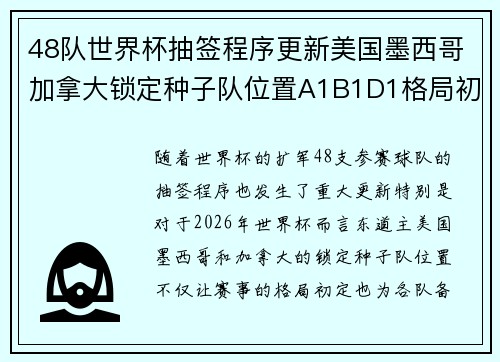 48队世界杯抽签程序更新美国墨西哥加拿大锁定种子队位置A1B1D1格局初定